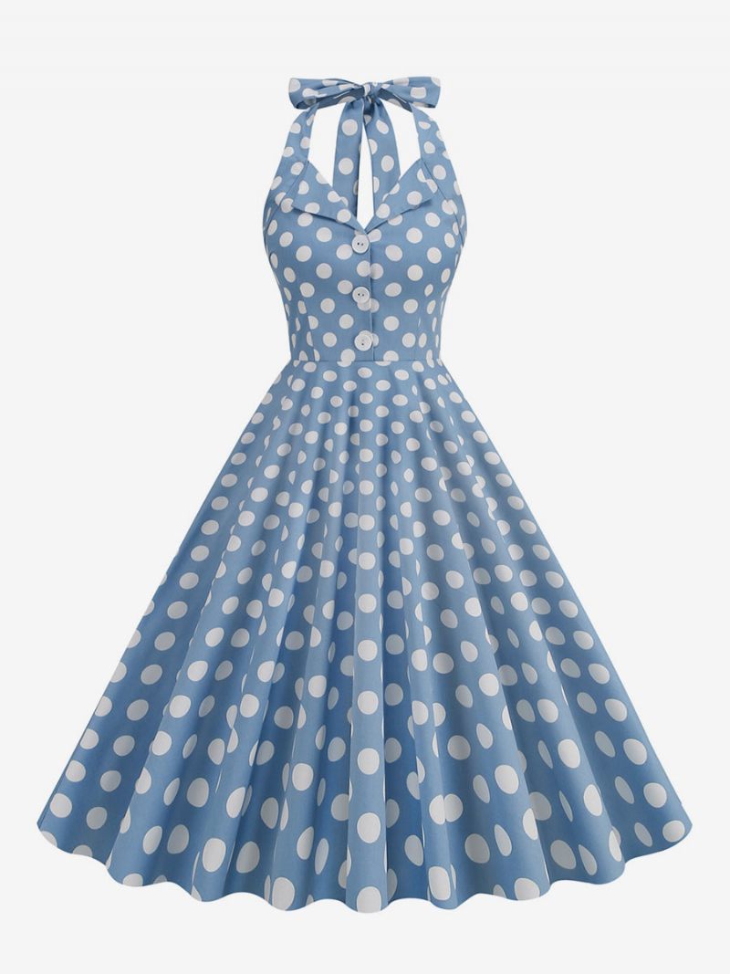 Robe Rétro Années 1950 Audrey Hepburn Style Marine Foncé À Pois Boutons Pour Femmes Sans Manches Licou Rockabilly - Bleu Ciel Clair