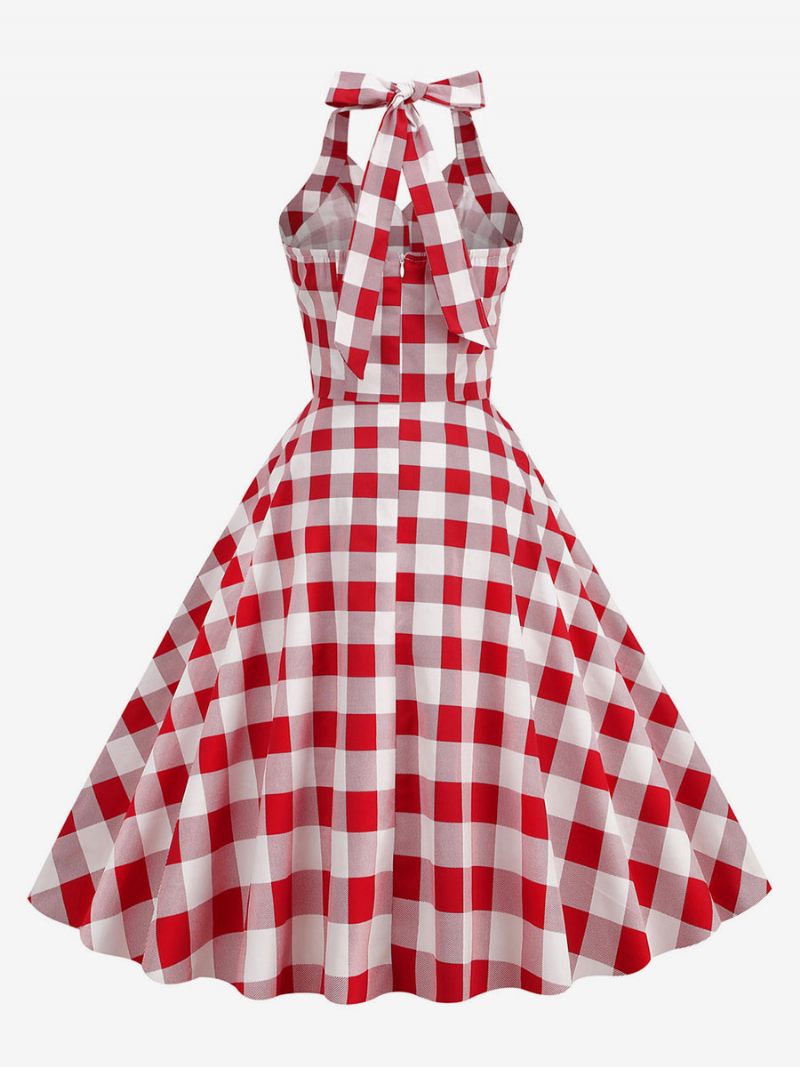 Robe Rétro Années 1950 Audrey Hepburn Style Marine Foncé À Pois Boutons Pour Femmes Sans Manches Licou Rockabilly - Blanc