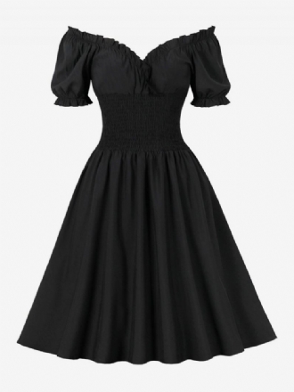 Robe Rétro Années 1950 Audrey Hepburn Style Noir Trapèze À Manches Courtes Pour Femmes