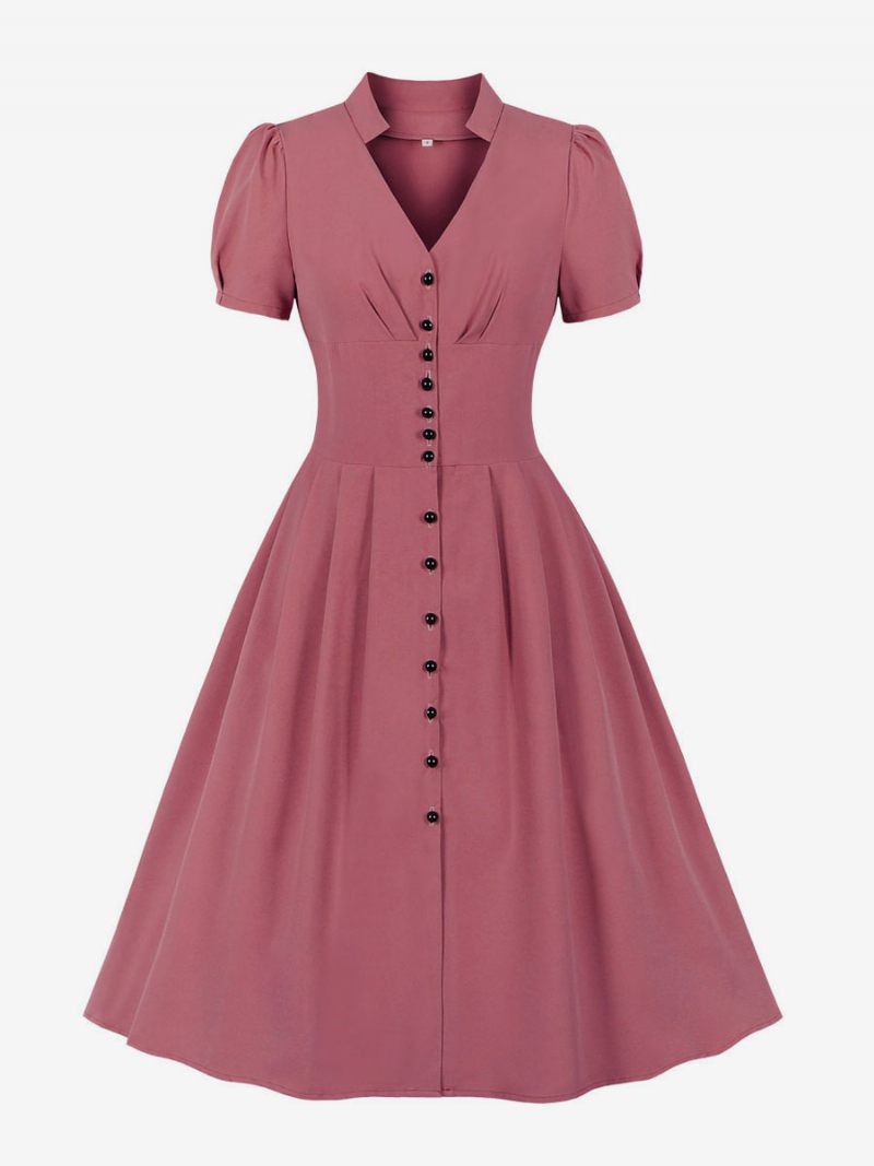 Robe Rétro Années 1950 Audrey Hepburn Style Rose Femmes Manches Courtes Col V Trapèze