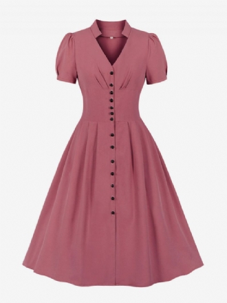 Robe Rétro Années 1950 Audrey Hepburn Style Rose Femmes Manches Courtes Col V Trapèze