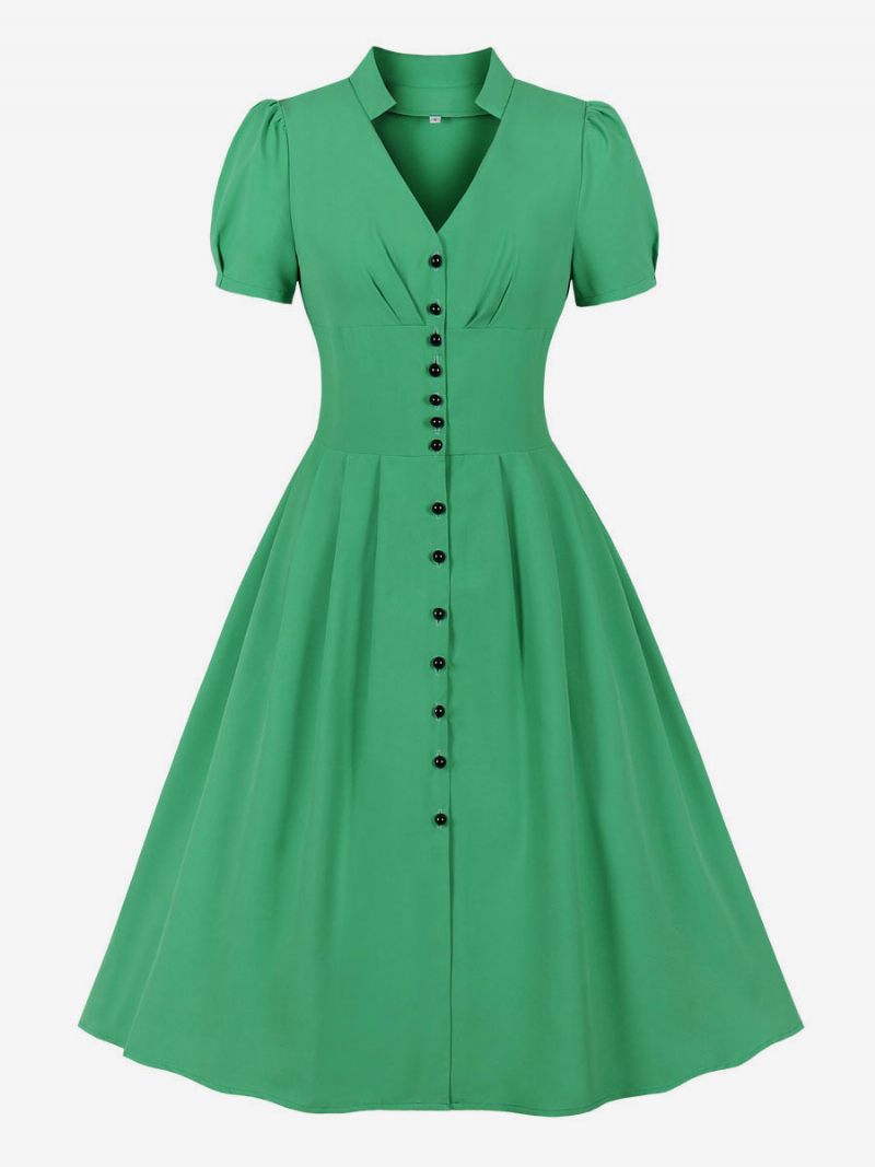 Robe Rétro Années 1950 Audrey Hepburn Style Rose Femmes Manches Courtes Col V Trapèze - Vert