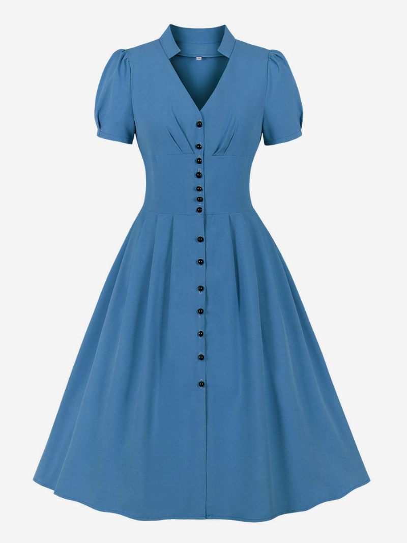 Robe Rétro Années 1950 Audrey Hepburn Style Rose Femmes Manches Courtes Col V Trapèze - Bleu