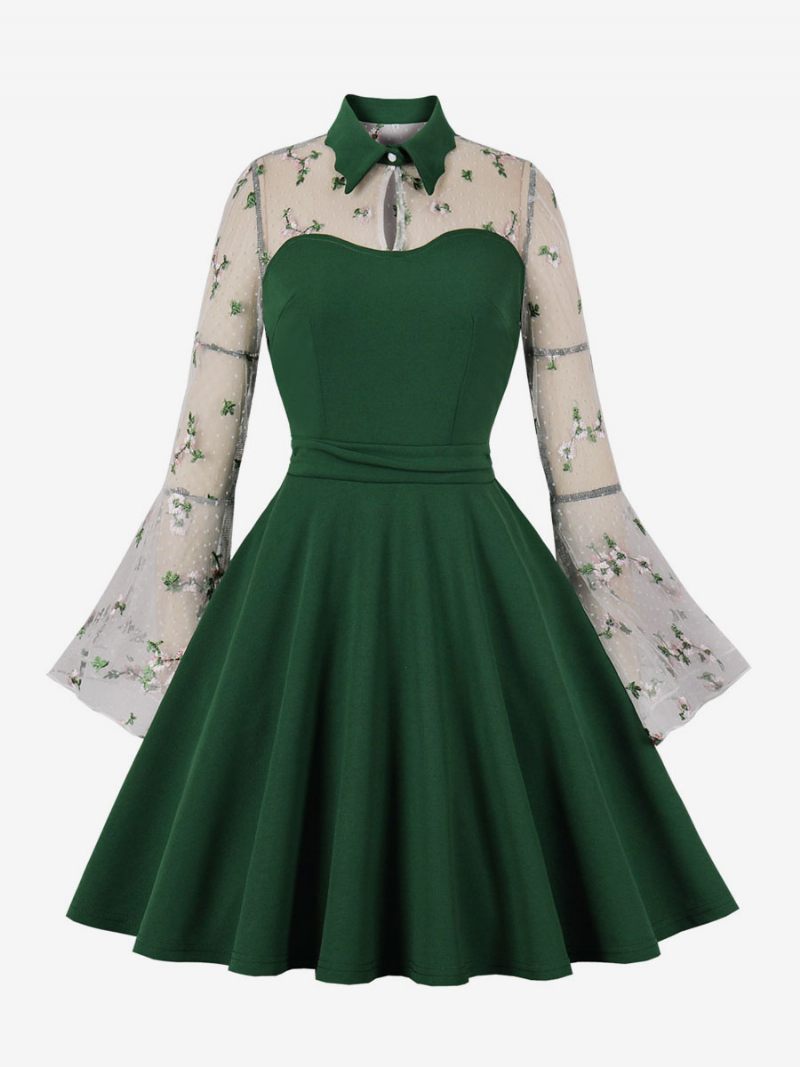 Robe Rétro Années 1950 Style Audrey Hepburn Manches Longues Femme Longueur Genou Rockabilly Bicolore - Vert