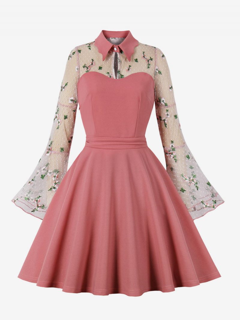 Robe Rétro Années 1950 Style Audrey Hepburn Manches Longues Femme Longueur Genou Rockabilly Bicolore - Rose