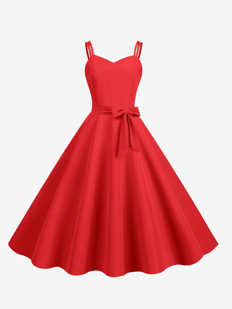 Robe Rétro Des Années 1950 Pour Femmes Col Cœur Ceinture Sans Manches Rockabilly Moyenne - Rouge