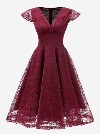 Robe Rétro Des Années 1950 Pour Femmes Col V Manches Courtes Rockabilly Moyenne Bordeaux