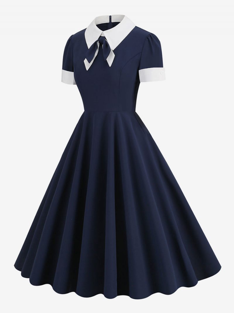 Robe Rétro Des Années 1950 Style Audrey Hepburn Col Claudine Manches Courtes Trapèze Bicolore Moyenne Pour Femme - Marine Foncé