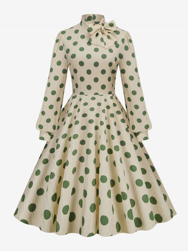 Robe Rétro Des Années 1950. Style Audrey Hepburn Col Haut Nœuds Manches Longues Trapèze À Pois Moyens Pour Femmes