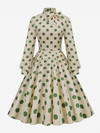 Robe Rétro Des Années 1950. Style Audrey Hepburn Col Haut Nœuds Manches Longues Trapèze À Pois Moyens Pour Femmes