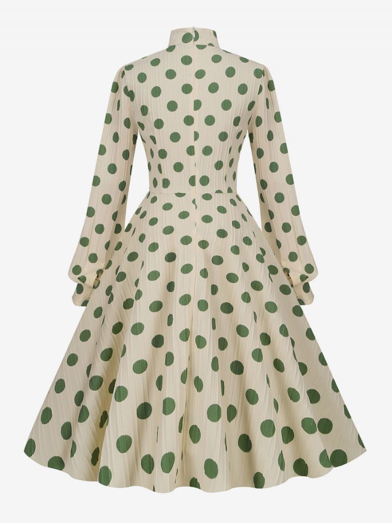 Robe Rétro Des Années 1950. Style Audrey Hepburn Col Haut Nœuds Manches Longues Trapèze À Pois Moyens Pour Femmes - Vert