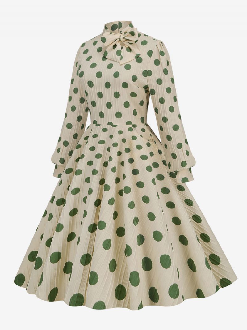 Robe Rétro Des Années 1950. Style Audrey Hepburn Col Haut Nœuds Manches Longues Trapèze À Pois Moyens Pour Femmes - Vert