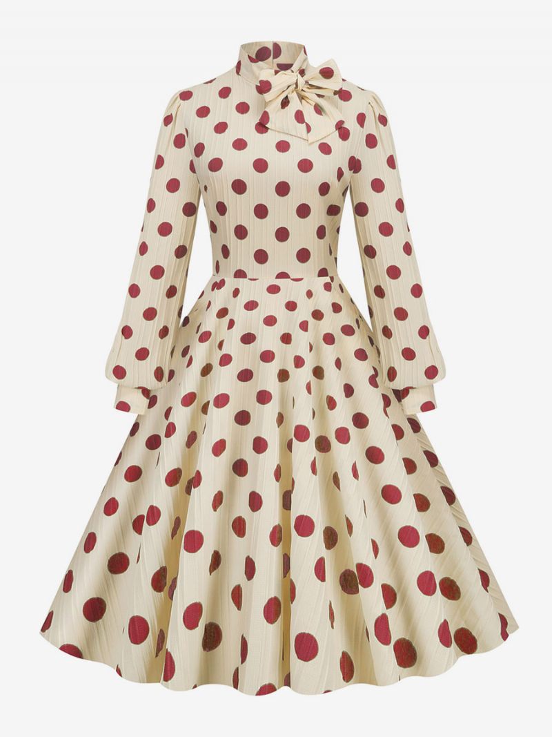 Robe Rétro Des Années 1950. Style Audrey Hepburn Col Haut Nœuds Manches Longues Trapèze À Pois Moyens Pour Femmes - Rouge