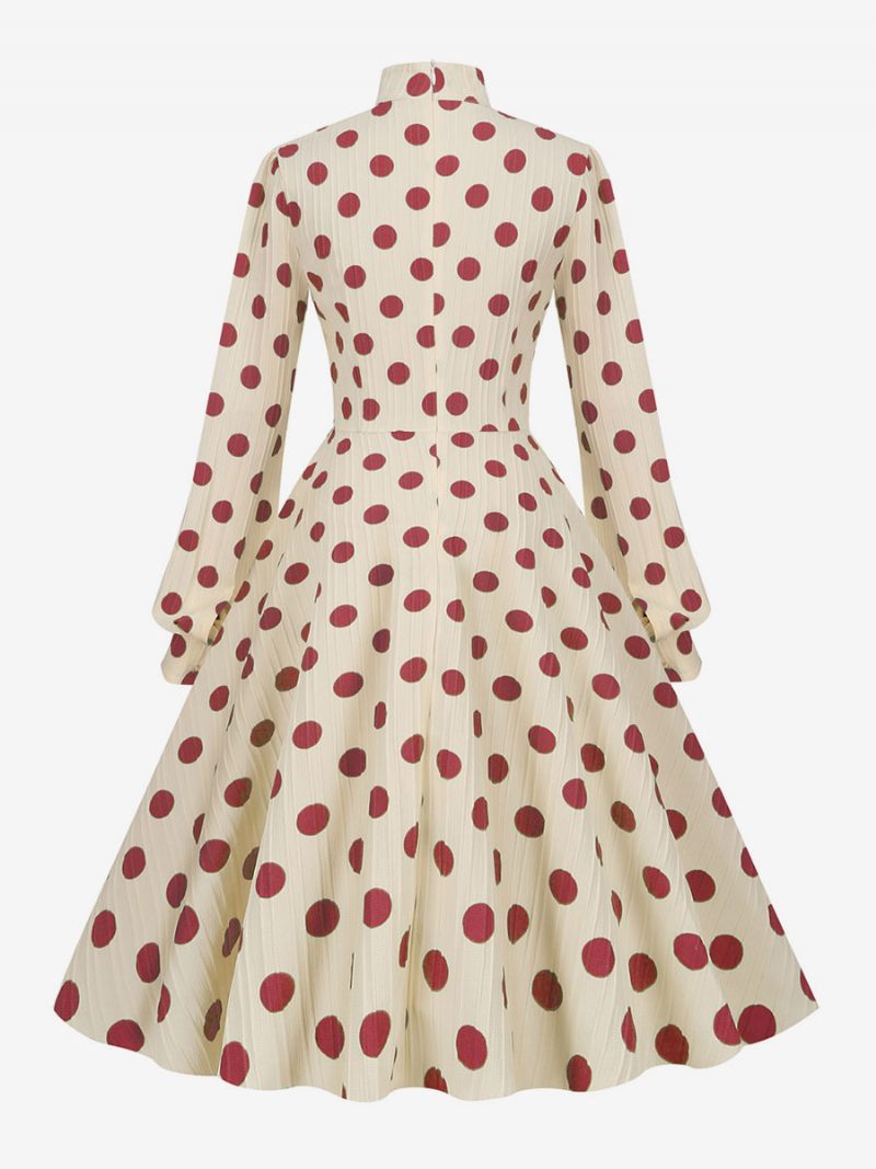 Robe Rétro Des Années 1950. Style Audrey Hepburn Col Haut Nœuds Manches Longues Trapèze À Pois Moyens Pour Femmes - Rouge