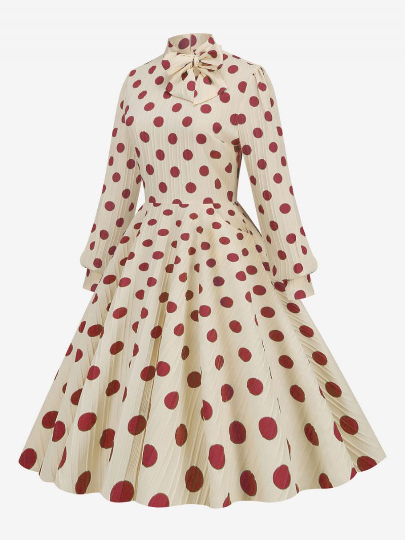 Robe Rétro Des Années 1950. Style Audrey Hepburn Col Haut Nœuds Manches Longues Trapèze À Pois Moyens Pour Femmes - Rouge