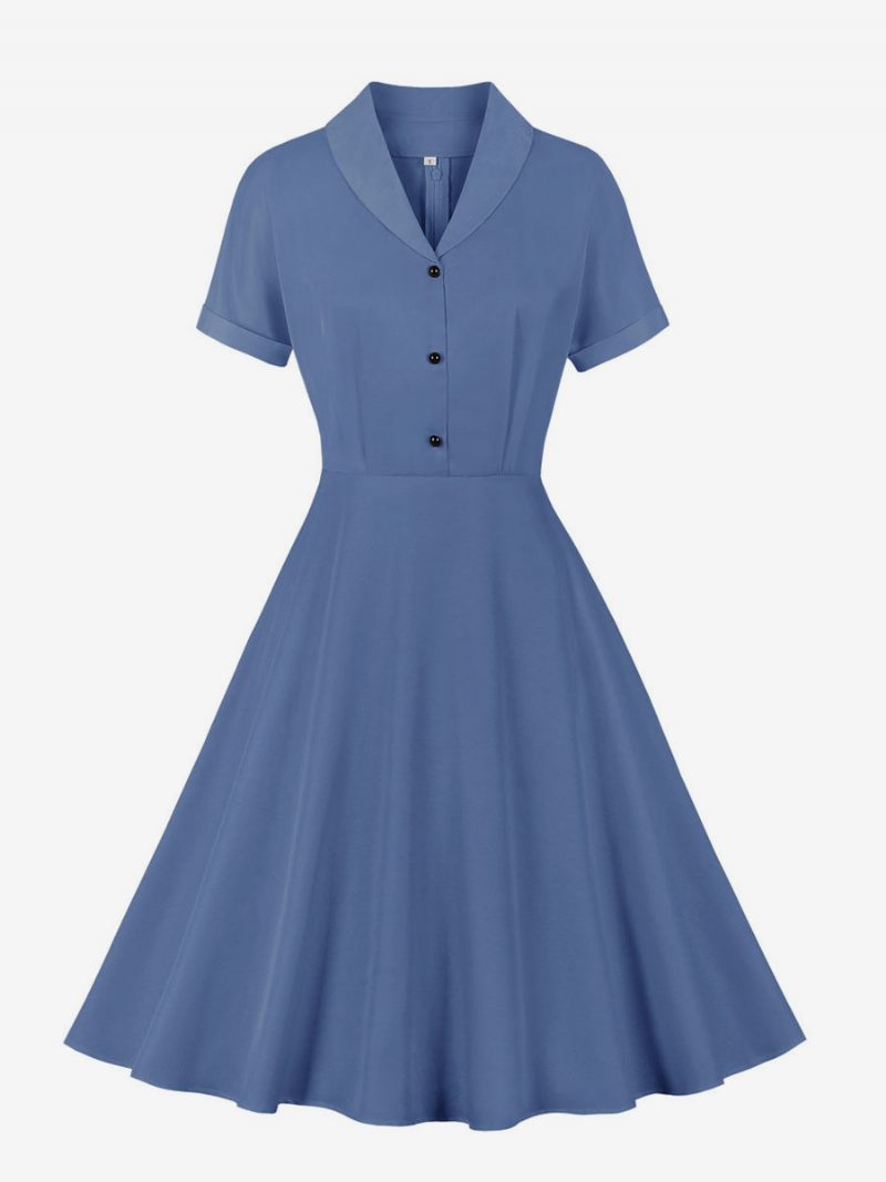 Robe Rétro Des Années 1950. Style Audrey Hepburn Col V Manches Courtes Longueur Aux Genoux Rockabilly Pour Femmes - Bleu