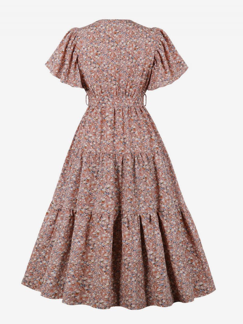 Robe Rétro Des Années 1950 Style Audrey Hepburn Rose Imprimé Fleuri Femmes À Lacets Manches Courtes Col V Rockabilly - Rose