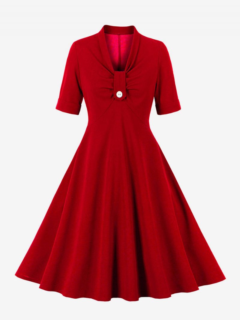 Robe Rétro Des Années 1950. Style Audrey Hepburn Rouge Manches Courtes Rockabilly Pour Femmes - Rouge