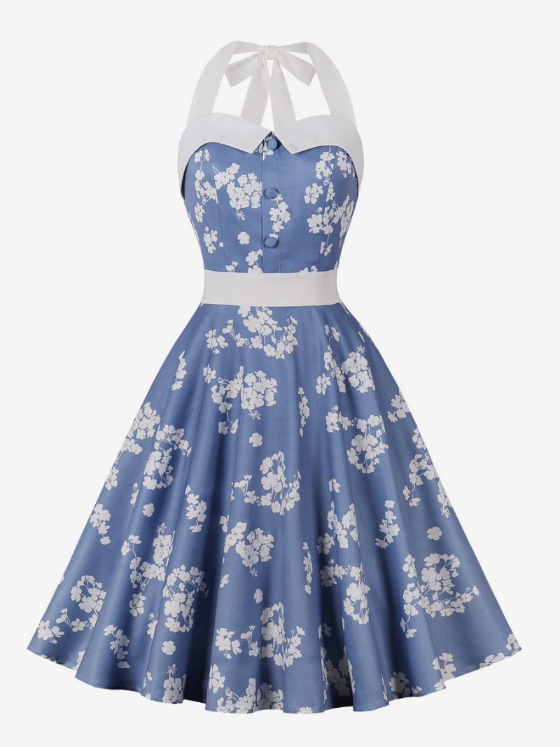 Robe Rétro Pour Femmes Bleu Bébé Imprimé Floral Années 1950. Style Audrey Hepburn Sans Manches Dos Nu Rockabilly