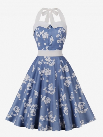 Robe Rétro Pour Femmes Bleu Bébé Imprimé Floral Années 1950. Style Audrey Hepburn Sans Manches Dos Nu Rockabilly