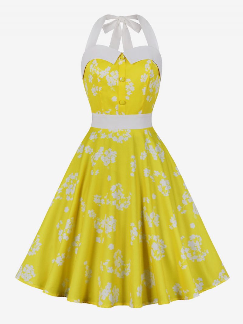 Robe Rétro Pour Femmes Bleu Bébé Imprimé Floral Années 1950. Style Audrey Hepburn Sans Manches Dos Nu Rockabilly - Jaune