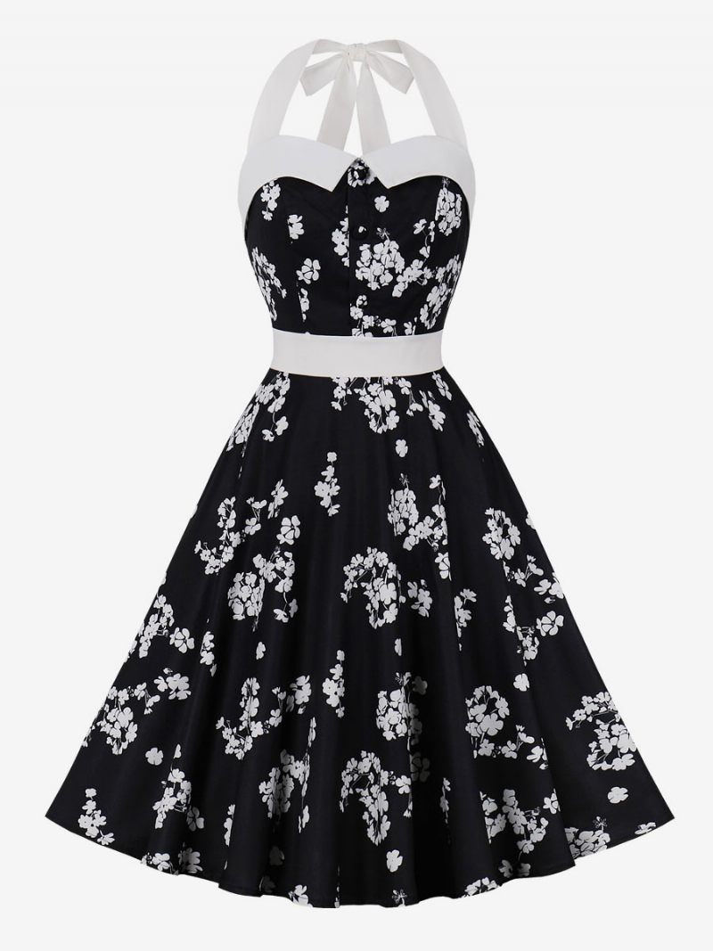 Robe Rétro Pour Femmes Bleu Bébé Imprimé Floral Années 1950. Style Audrey Hepburn Sans Manches Dos Nu Rockabilly - Noir