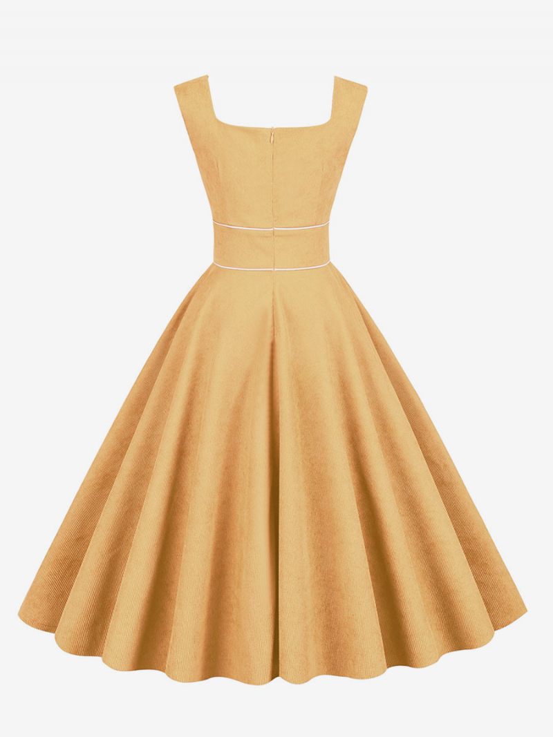 Robe Rétro Pour Femmes Des Années 1950. Style Audrey Hepburn Bleu Bébé Passepoil Sans Manches Col Carré Rockabilly Moyenne - Jaune