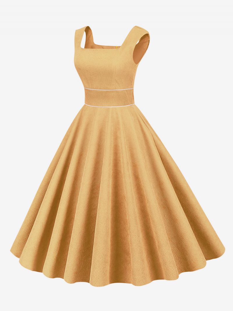 Robe Rétro Pour Femmes Des Années 1950. Style Audrey Hepburn Bleu Bébé Passepoil Sans Manches Col Carré Rockabilly Moyenne - Jaune