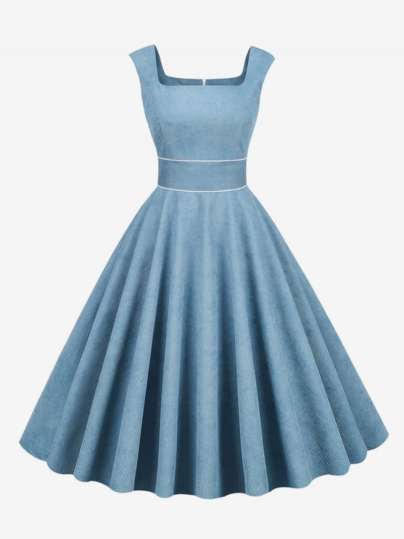 Robe Rétro Pour Femmes Des Années 1950. Style Audrey Hepburn Bleu Bébé Passepoil Sans Manches Col Carré Rockabilly Moyenne - Bleu Bébé