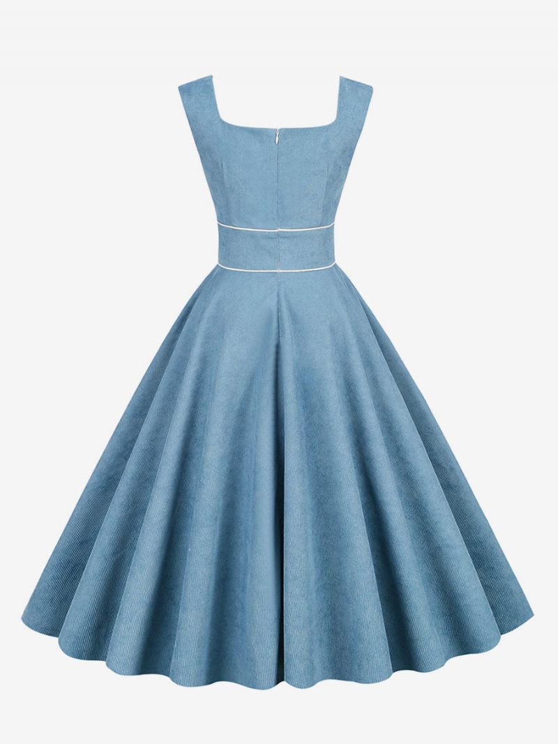 Robe Rétro Pour Femmes Des Années 1950. Style Audrey Hepburn Bleu Bébé Passepoil Sans Manches Col Carré Rockabilly Moyenne - Bleu Bébé