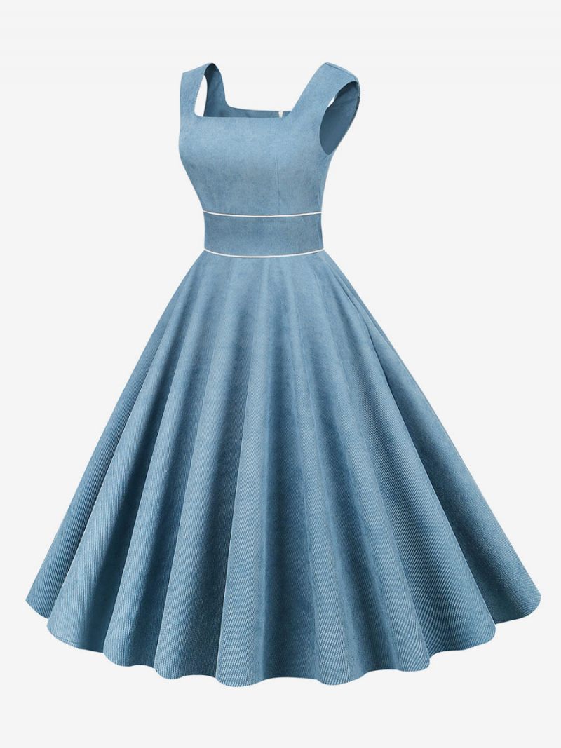 Robe Rétro Pour Femmes Des Années 1950. Style Audrey Hepburn Bleu Bébé Passepoil Sans Manches Col Carré Rockabilly Moyenne - Bleu Bébé