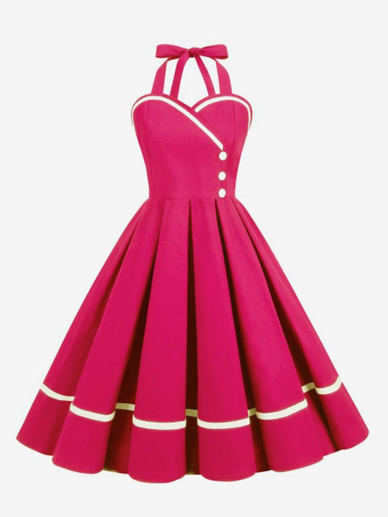 Robe Rétro Pour Femmes Des Années 1950. Style Audrey Hepburn Bordeaux Boutons Superposés Sans Manches Col Cœur Trapèze - Rose