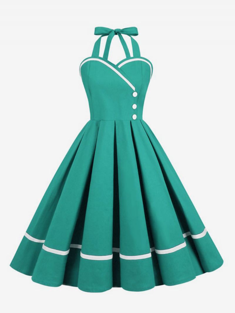 Robe Rétro Pour Femmes Des Années 1950. Style Audrey Hepburn Bordeaux Boutons Superposés Sans Manches Col Cœur Trapèze - Aqua