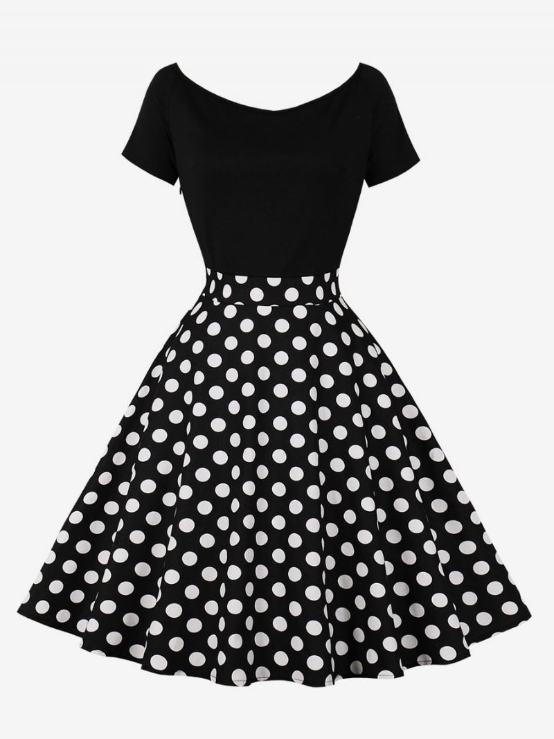 Robe Rétro Pour Femmes Des Années 1950. Style Audrey Hepburn Col Bijou Manches Courtes Longueur Aux Genoux Rockabilly À Pois