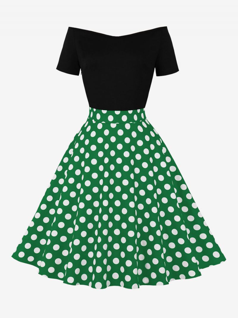 Robe Rétro Pour Femmes Des Années 1950. Style Audrey Hepburn Col Bijou Manches Courtes Longueur Aux Genoux Rockabilly À Pois - Vert