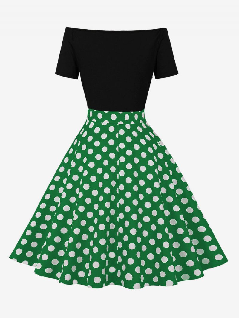 Robe Rétro Pour Femmes Des Années 1950. Style Audrey Hepburn Col Bijou Manches Courtes Longueur Aux Genoux Rockabilly À Pois - Vert