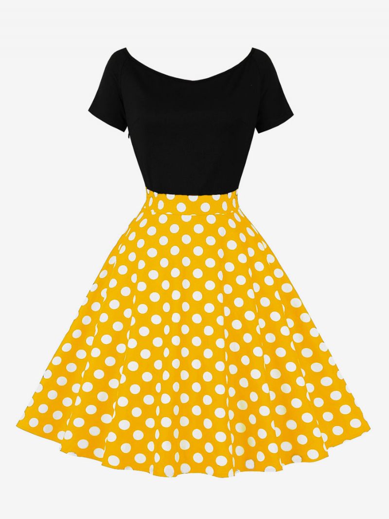 Robe Rétro Pour Femmes Des Années 1950. Style Audrey Hepburn Col Bijou Manches Courtes Longueur Aux Genoux Rockabilly À Pois - Jaune