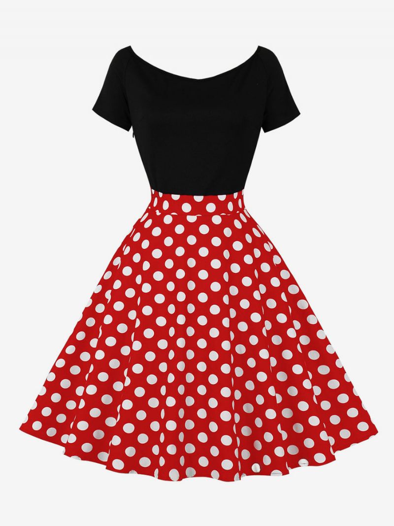 Robe Rétro Pour Femmes Des Années 1950. Style Audrey Hepburn Col Bijou Manches Courtes Longueur Aux Genoux Rockabilly À Pois - Rouge