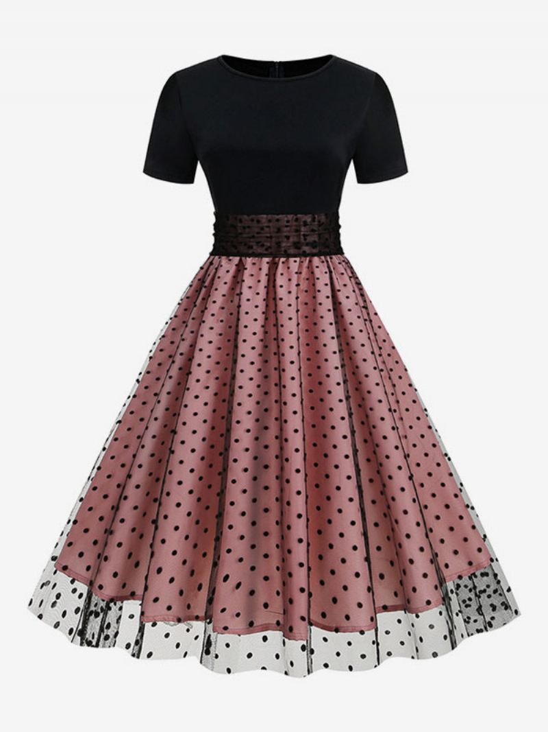 Robe Rétro Pour Femmes Des Années 1950. Style Audrey Hepburn Col Bijou Manches Courtes Superposées Rockabilly À Pois Moyens