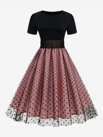 Robe Rétro Pour Femmes Des Années 1950. Style Audrey Hepburn Col Bijou Manches Courtes Superposées Rockabilly À Pois Moyens