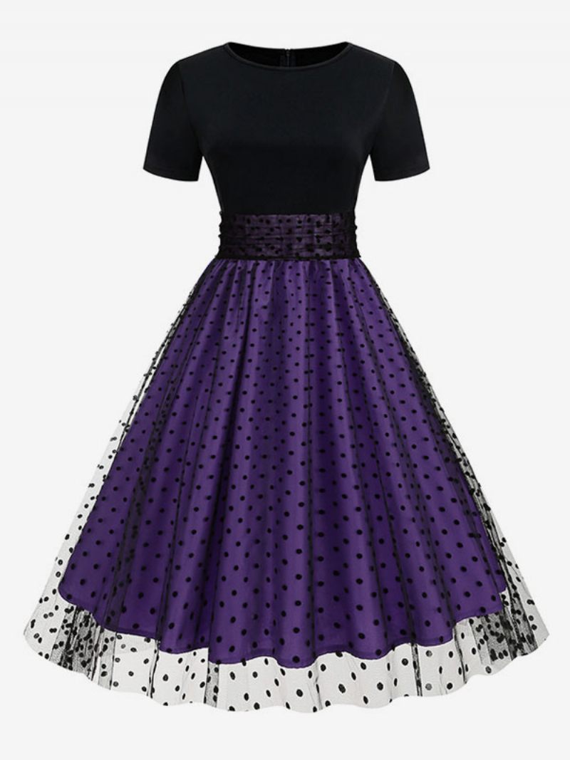 Robe Rétro Pour Femmes Des Années 1950. Style Audrey Hepburn Col Bijou Manches Courtes Superposées Rockabilly À Pois Moyens - Violet