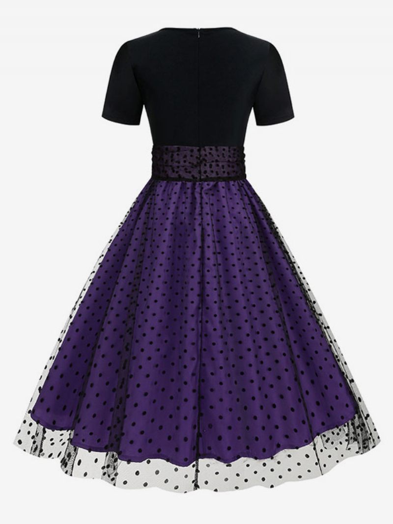 Robe Rétro Pour Femmes Des Années 1950. Style Audrey Hepburn Col Bijou Manches Courtes Superposées Rockabilly À Pois Moyens - Violet