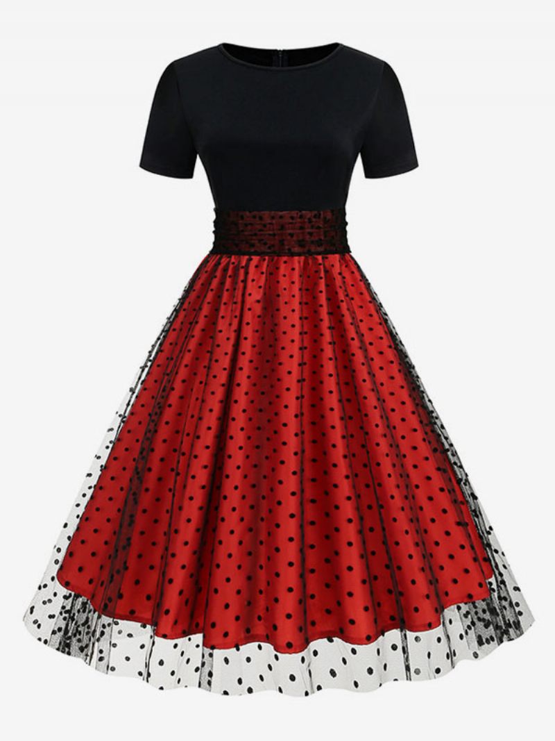 Robe Rétro Pour Femmes Des Années 1950. Style Audrey Hepburn Col Bijou Manches Courtes Superposées Rockabilly À Pois Moyens - Rouge