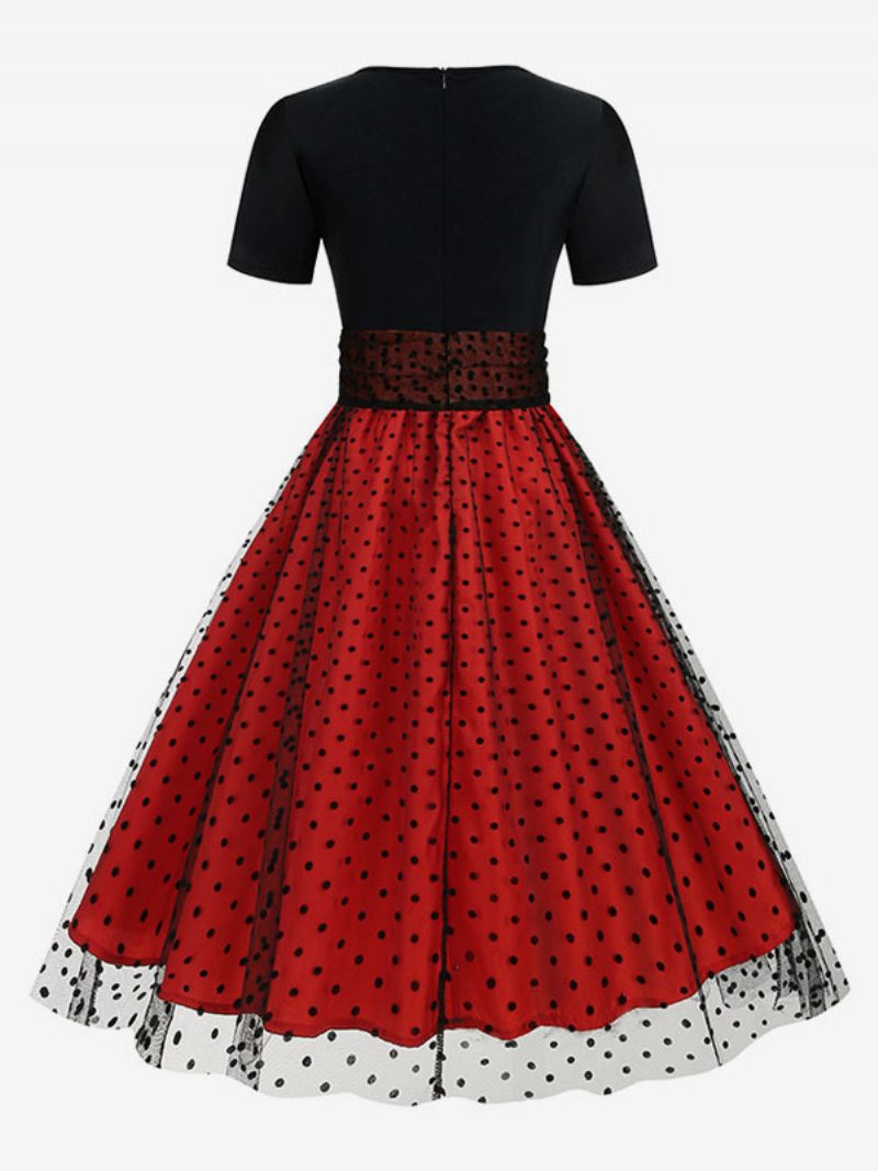 Robe Rétro Pour Femmes Des Années 1950. Style Audrey Hepburn Col Bijou Manches Courtes Superposées Rockabilly À Pois Moyens - Rouge