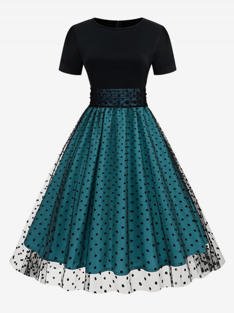 Robe Rétro Pour Femmes Des Années 1950. Style Audrey Hepburn Col Bijou Manches Courtes Superposées Rockabilly À Pois Moyens - Bleu