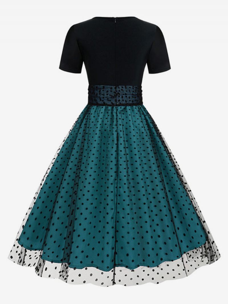 Robe Rétro Pour Femmes Des Années 1950. Style Audrey Hepburn Col Bijou Manches Courtes Superposées Rockabilly À Pois Moyens - Bleu