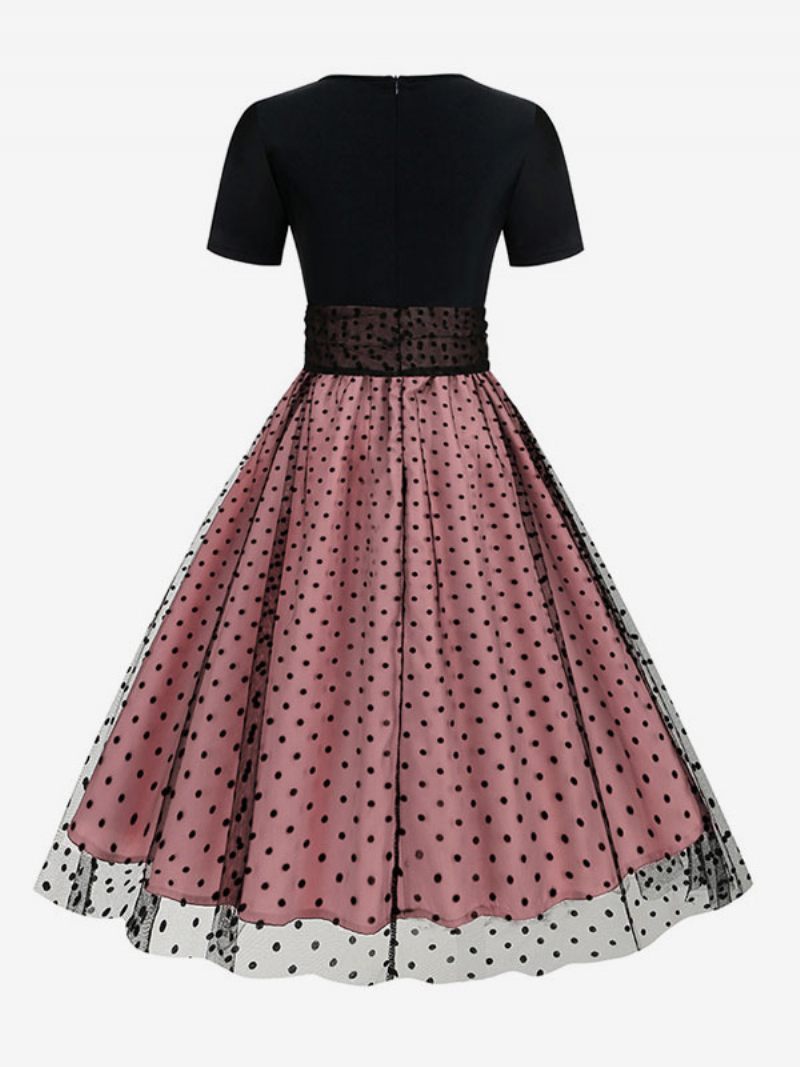 Robe Rétro Pour Femmes Des Années 1950. Style Audrey Hepburn Col Bijou Manches Courtes Superposées Rockabilly À Pois Moyens - Rose