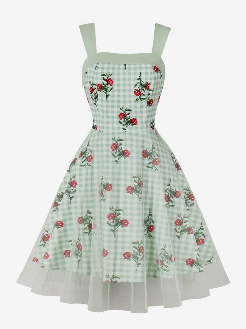 Robe Rétro Pour Femmes Des Années 1950. Style Audrey Hepburn Col Carré Sans Manches Imprimé Floral Longueur Aux Genoux Trapèze Vert Clair