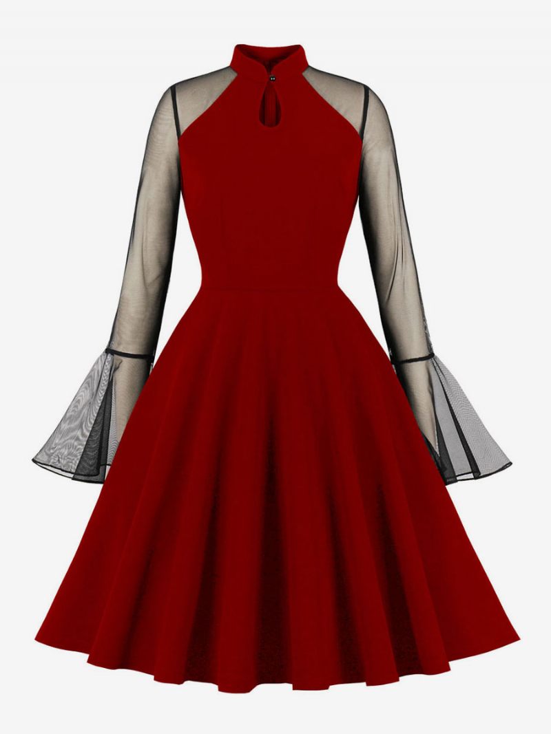 Robe Rétro Pour Femmes Des Années 1950. Style Audrey Hepburn Col Montant Manches Longues Longueur Aux Genoux Rockabilly - Bourgogne