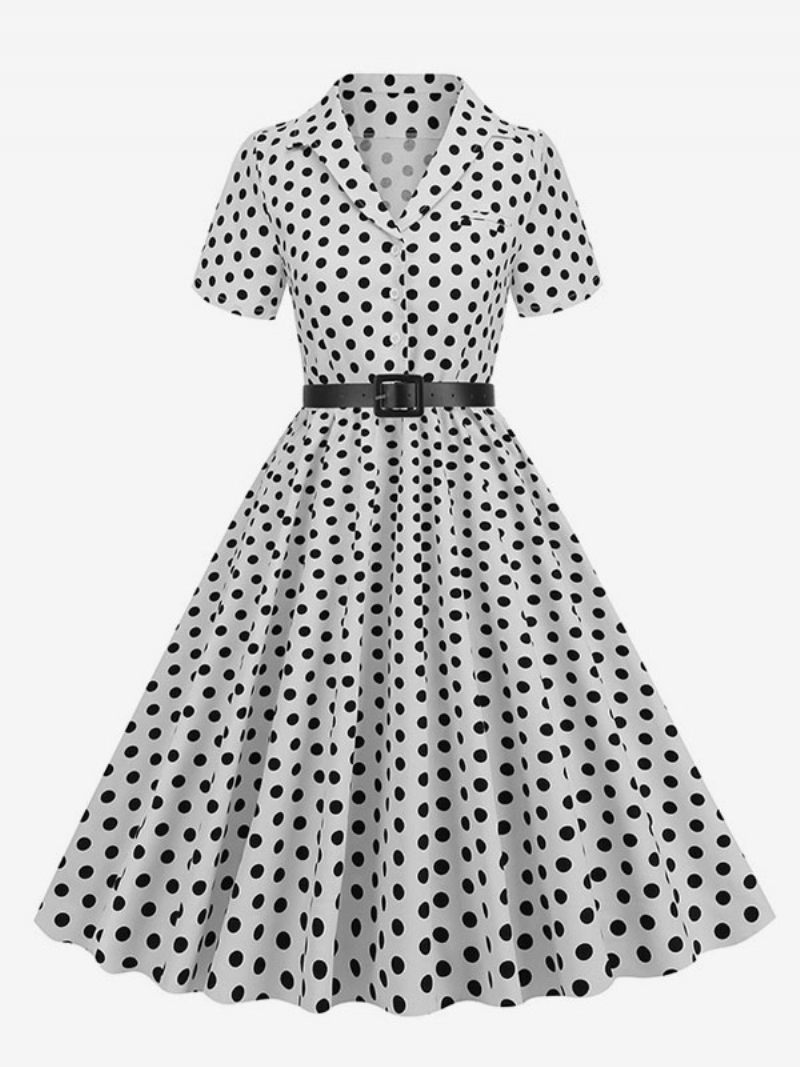 Robe Rétro Pour Femmes Des Années 1950. Style Audrey Hepburn Col Rabattu Boutons Manches Courtes Trapèze À Pois